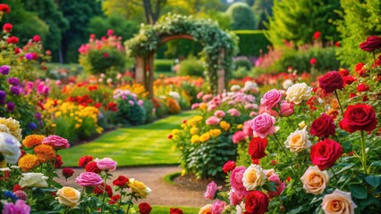 Fototapeta premium Beautiful rose garden with vibrant colors of various roses, flowers, garden, roses, colorful, nature, petals, blooming