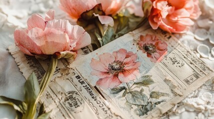 Close-up of shabby chic ephemera tickets with peony illustrations and watercolor splashes.