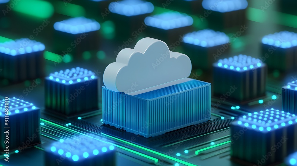 Poster cloud computing technology concept with digital data storage. symbolic cloud on a futuristic circuit