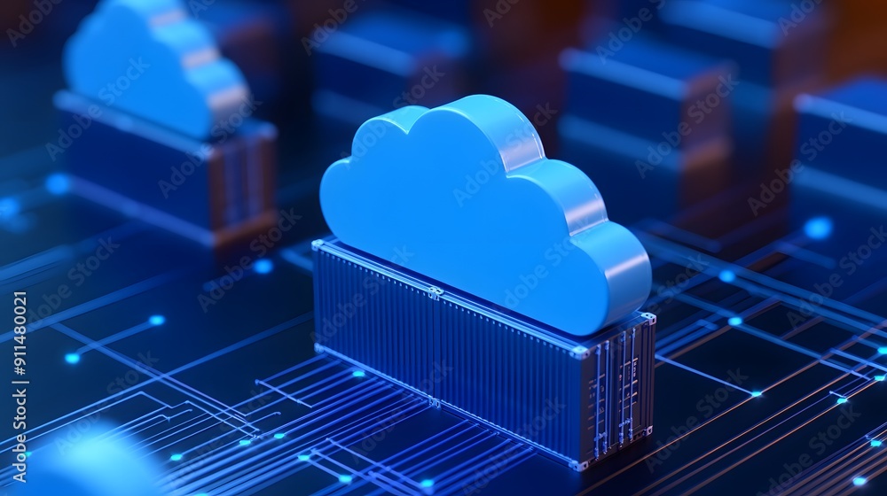 Poster cloud computing technology concept with digital data storage, servers, and modern infrastructure in 