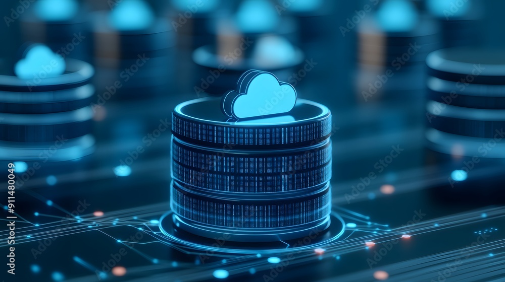 Poster Cloud computing technology concept with glowing data storage towers and cloud icons representing server and database integration.