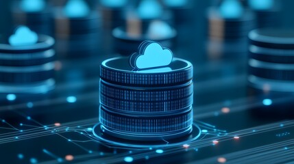 Cloud computing technology concept with glowing data storage towers and cloud icons representing server and database integration.
