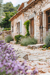 A small butterfly sits on the ground. surrounded by swirling purple lavender petals in front of an ancient house with eaves and windows 