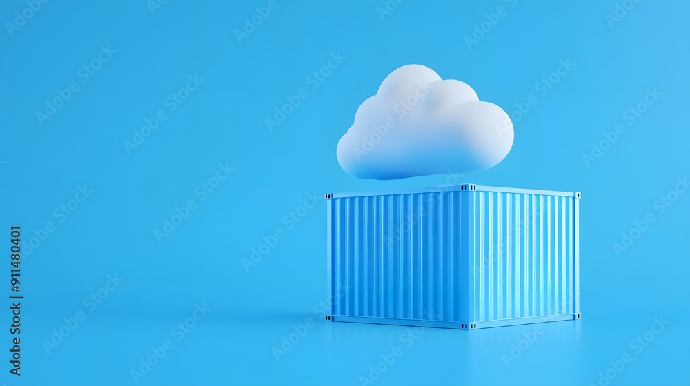 Poster cloud hovering over a blue shipping container on a blue background, symbolizing data storage and clo