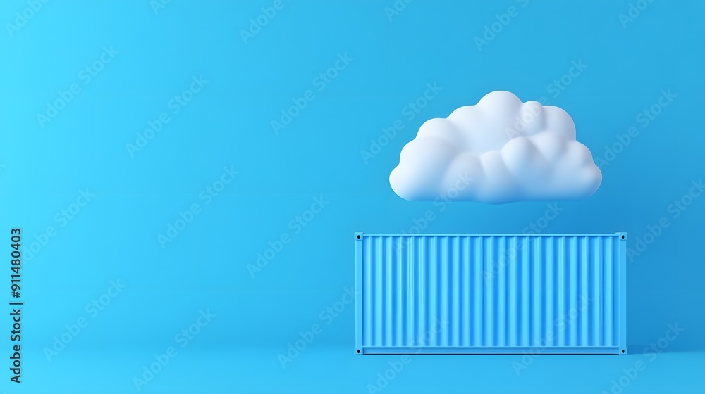 Poster cloud hovering over a blue shipping container on a blue background, representing cloud computing and