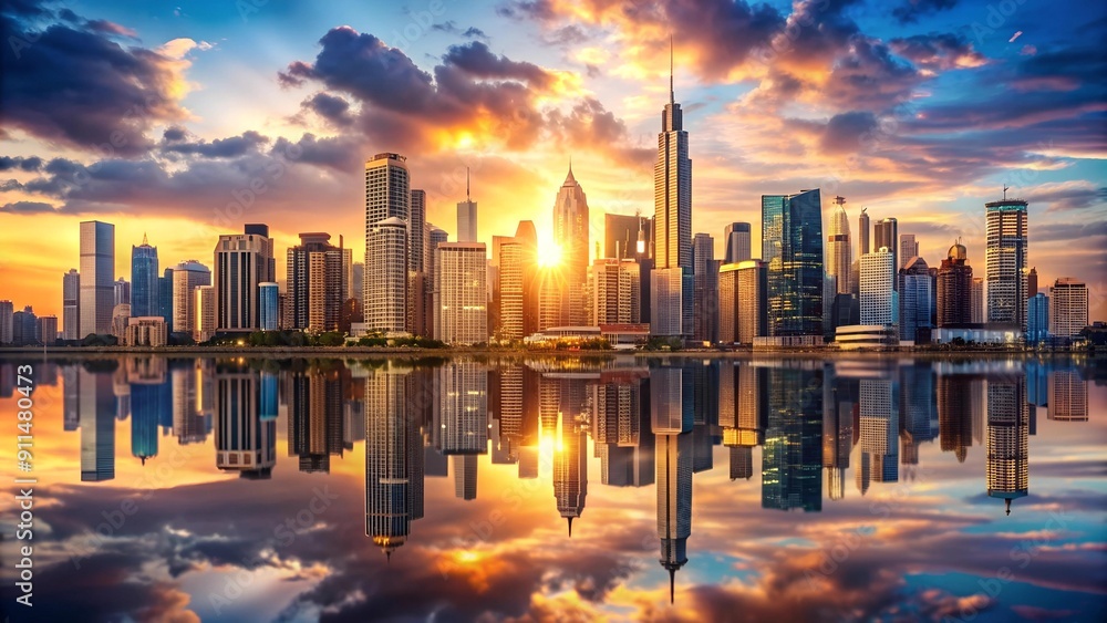 Poster urban skyline symphony - a serene cityscape with towering structures generative ai