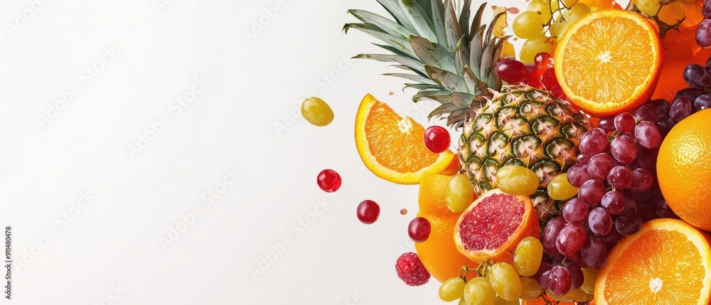 Poster modern splash of assorted fruits, exploding in an empty scene with a captivating light effect highli