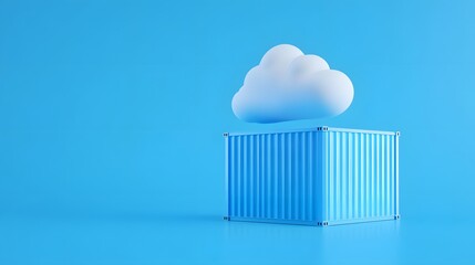Cloud hovering over a blue shipping container on a blue background, symbolizing data storage and cloud computing technology.