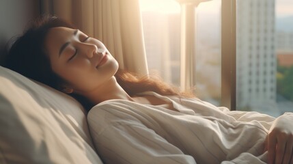 Simple lifestyle, Asian woman wakes up from good sleep on weekend morning, takes some rest, relax in comfortable bedroom at hotel window, happy lazy day, comfortable, dreaming