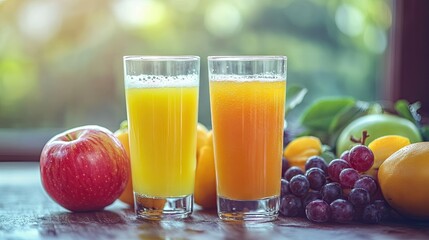 Fototapeta premium Two refreshing drinks of apple and multivitamin juices, with fresh ripe fruits beautifully arranged around them.