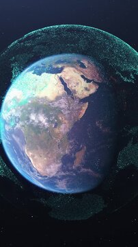 3d Planet Earth surrounded by holographic. 3d Futuristic digital technology. HUD earth rotation graphical display interface. Global communication network concept. Vertical, phone wallpaper