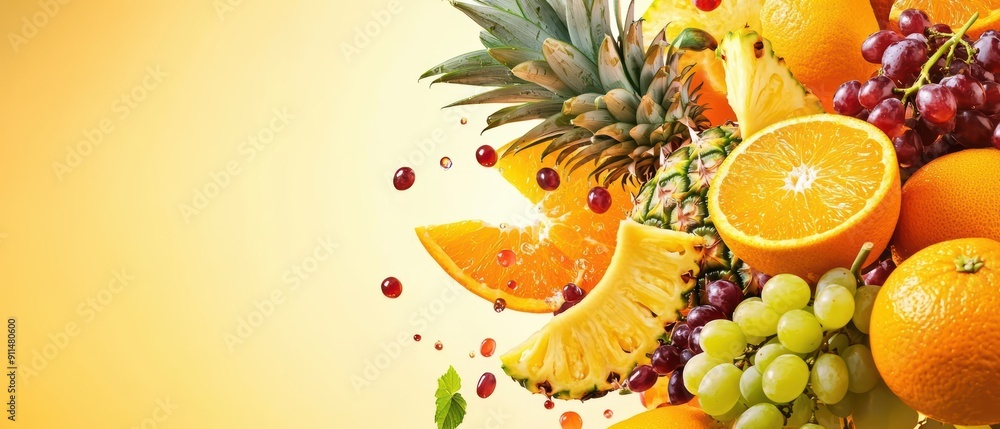 Fototapete modern splash of assorted fruits, exploding in an empty scene with a captivating light effect highli