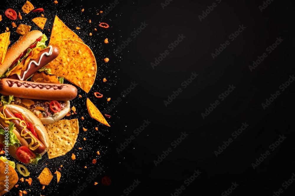 Aufkleber modern splash of fast food items, exploding in an empty scene with a captivating light effect highli