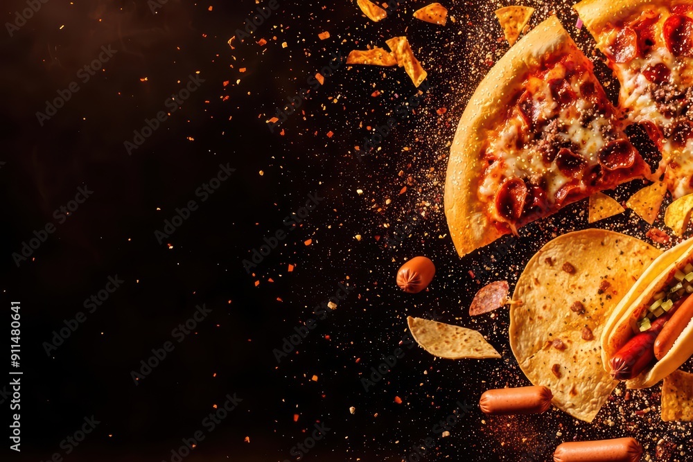 Fototapete modern splash of fast food items, exploding in an empty scene with a captivating light effect highli