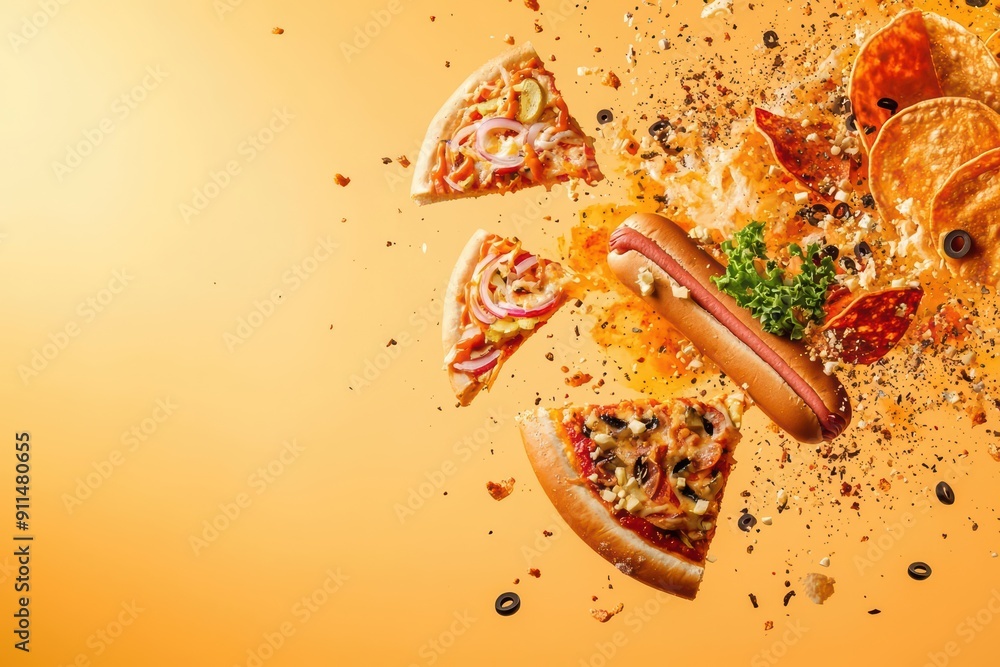 Aufkleber modern splash of fast food items, exploding in an empty scene with a captivating light effect highli