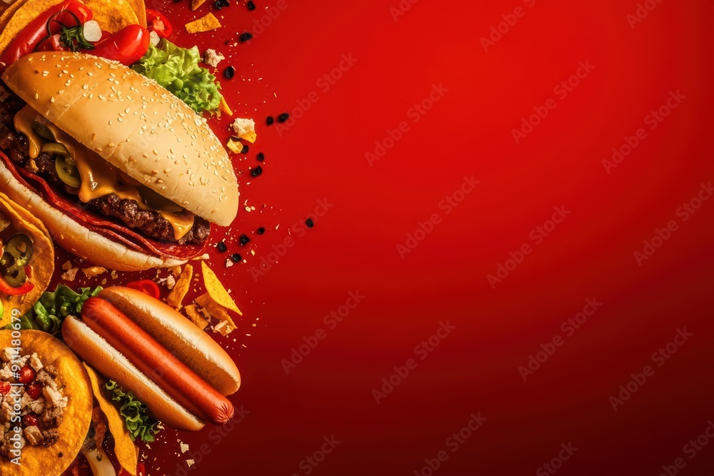 Aufkleber modern splash of fast food items, exploding in an empty scene with a captivating light effect highli