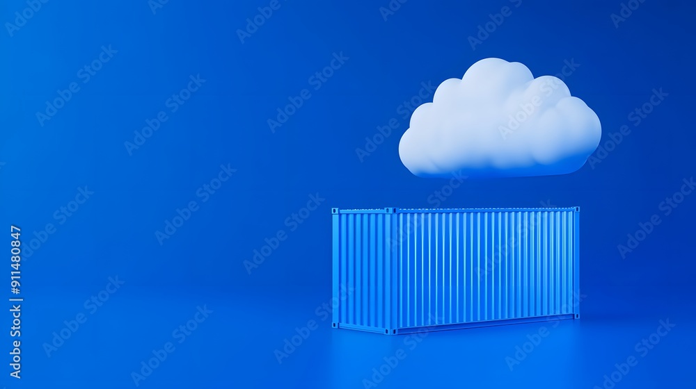 Poster cloud storage concept with a shipping container beneath a cloud in a blue background, representing d