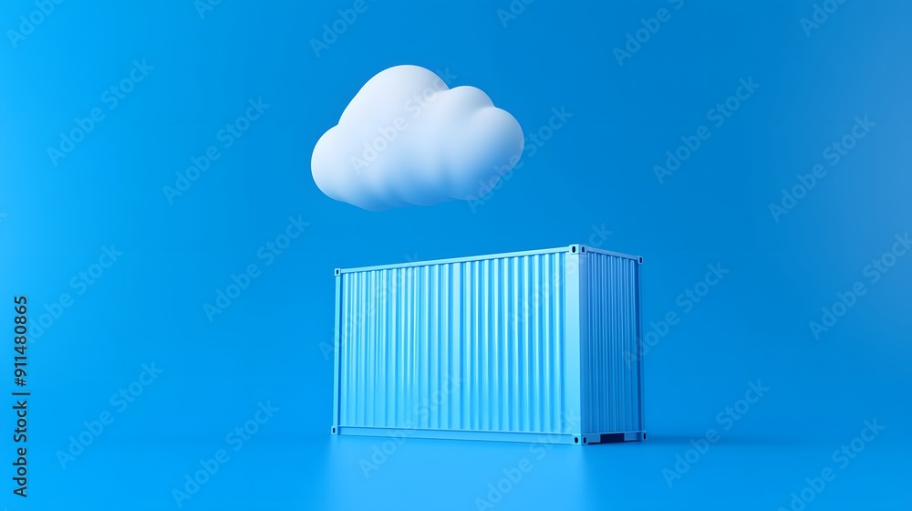 Poster Cloud storage concept with a shipping container and a cloud on bright blue background symbolizing data storage and modern technology.