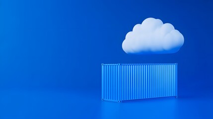 Cloud storage concept with a shipping container beneath a cloud in a blue background, representing data and modern technology.