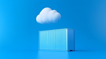 Cloud storage concept with a shipping container and a cloud on bright blue background symbolizing data storage and modern technology.