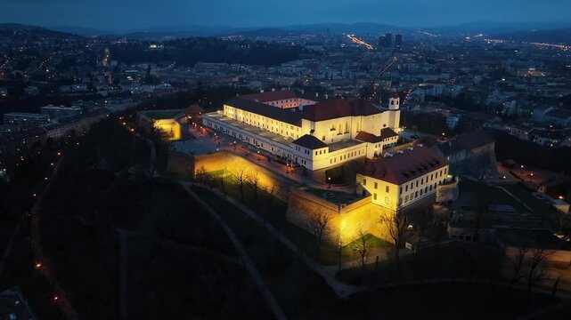 Night aerial view of Spilberk Castle in Brno, Czech Republic