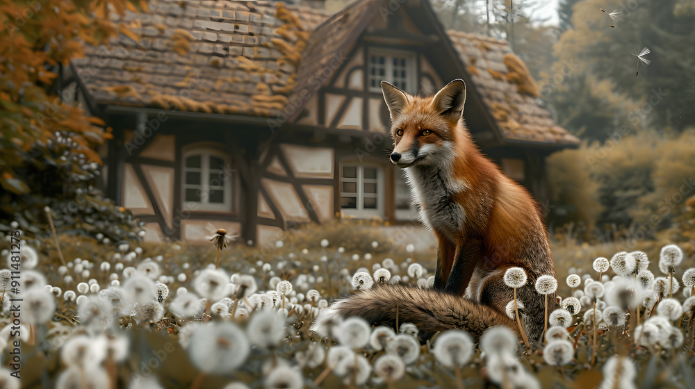 Poster a small fox sits on the ground. surrounded by fluttering snow-white dandelion seeds in front of an a