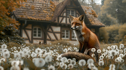 Fototapeta premium A small fox sits on the ground. surrounded by fluttering snow-white dandelion seeds in front of an ancient house with eaves and windows 