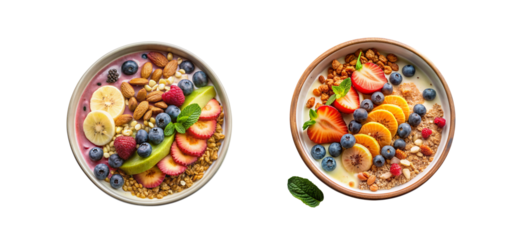 Fresh Fruit Smoothie Bowl with Granola, Nuts on Transparent Background

