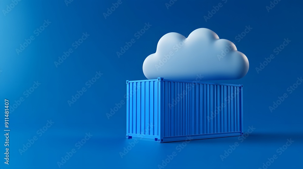 Aufkleber cloud technology concept with a shipping container on a blue background, representing cloud storage 