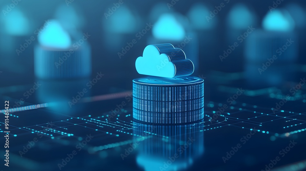 Poster cloud technology concept with blue cloud icon and data storage representing cloud computing and data