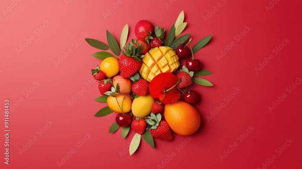 Poster paper art bursting of fresh fruits, elegantly displayed on an empty canvas with a subtle light effec