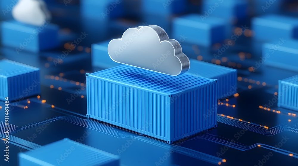 Poster cloud technology concept with digital blue containers and clouds symbolizing data storage and virtua