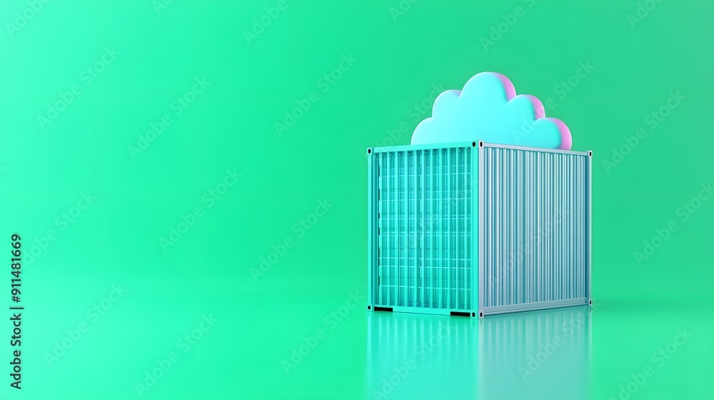 Poster colorful 3d cloud and container on green background, symbolizing cloud computing and data storage te