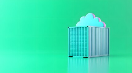Colorful 3D cloud and container on green background, symbolizing cloud computing and data storage technology in a modern concept.