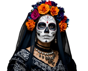 Retrato de una mujer con maquillaje de Catrina, símbolo del Día de los Muertos, decorada con una corona de flores coloridas. Aislado sobre fondo blanco o transparente.