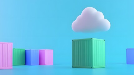 Obraz premium Colorful 3D cubes and a cloud on a blue background, representing storage, technology, and data concepts in a minimalistic style.