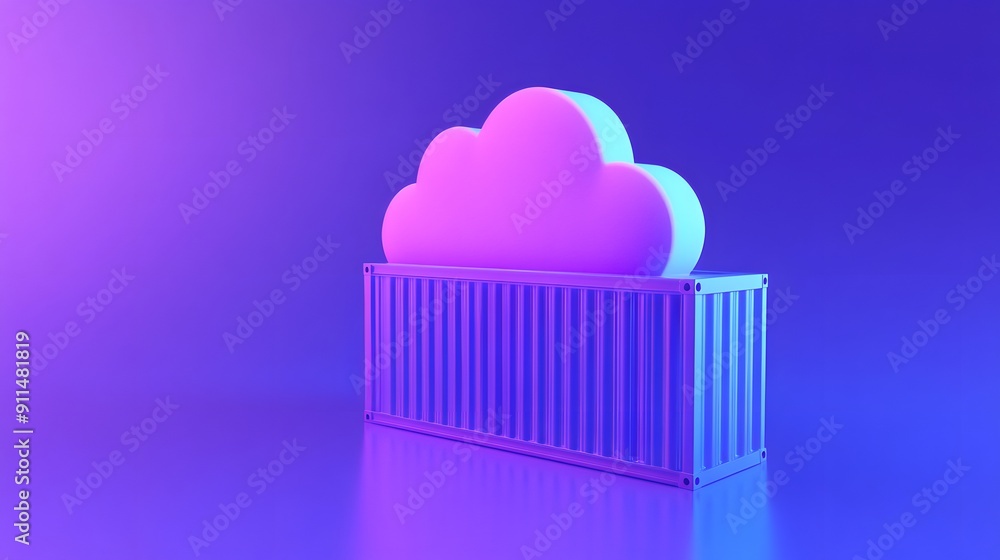 Poster colorful 3d illustration of a cloud container, representing cloud computing and data storage, with v