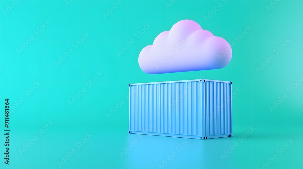 Poster colorful 3d illustration of a cloud hovering over a container, symbolizing cloud storage and data ma