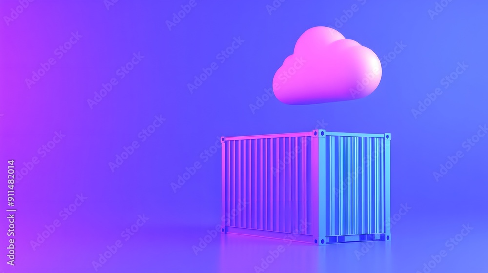 Poster colorful 3d illustration of a cloud over a shipping container symbolizing cloud computing and modern