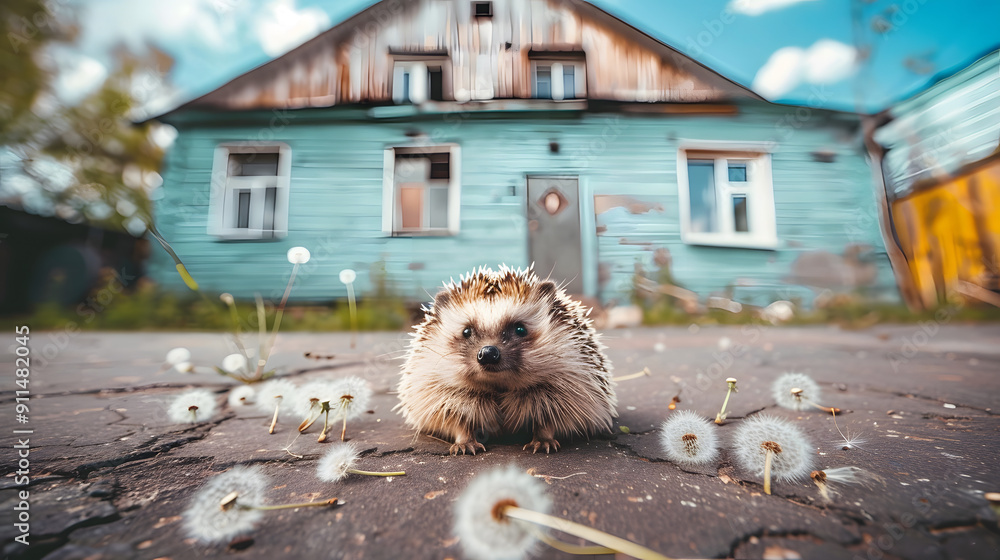 Poster a small hedgehog sits on the ground. surrounded by floating fluffy dandelion tufts in front of an an