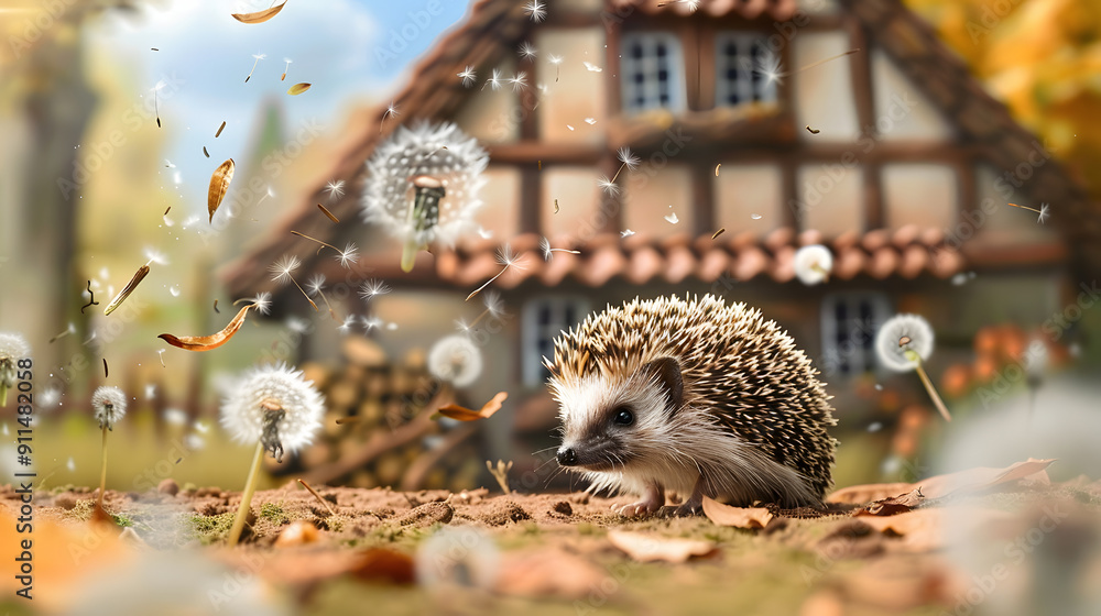Poster a small hedgehog sits on the ground. surrounded by floating fluffy dandelion tufts in front of an an