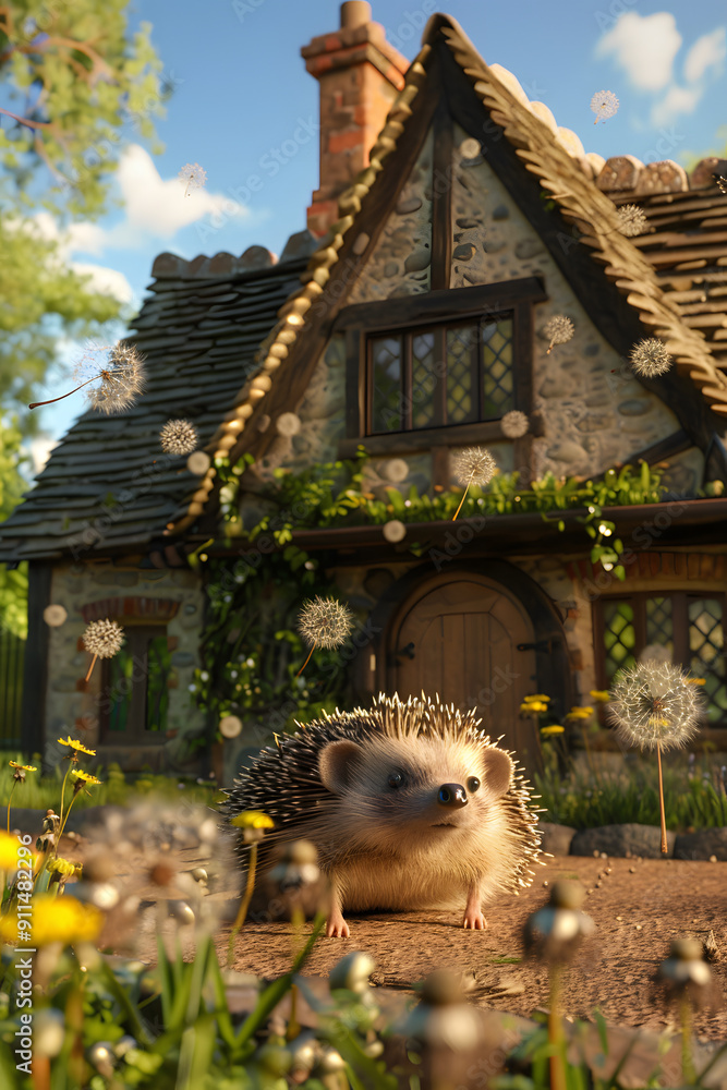 Poster a small hedgehog sits on the ground. surrounded by floating fluffy dandelion tufts in front of an an