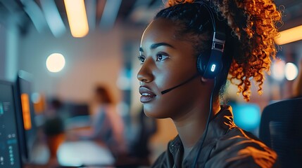 A customer service agent, wearing a headset, intensely focused on solving a customer's issue on the computer, in a modern office with bright lighting. The background shows desks and computers,