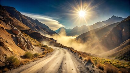 Sun-Drenched Mountain Pass: A Tapestry of Dust and Light  AI generated
