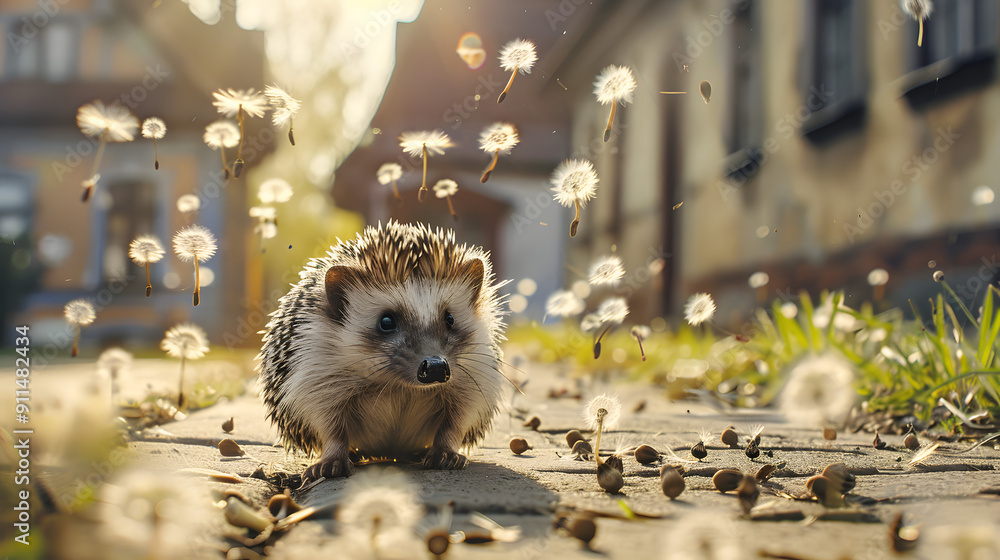 Poster a small hedgehog sits on the ground. surrounded by floating fluffy dandelion tufts in front of an an