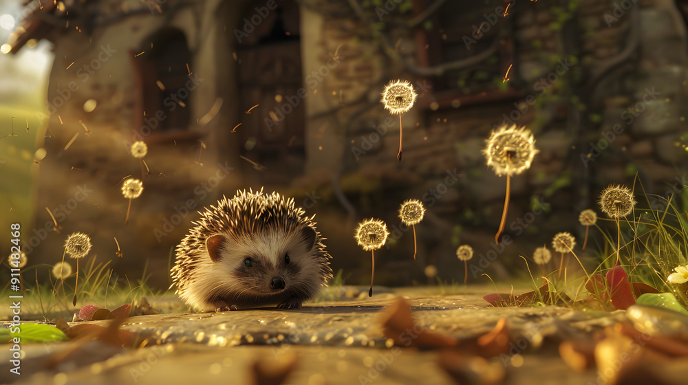 Poster a small hedgehog sits on the ground. surrounded by floating fluffy dandelion tufts in front of an an