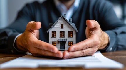 Real Estate Expert Holding Home Model Above Important Paperwork