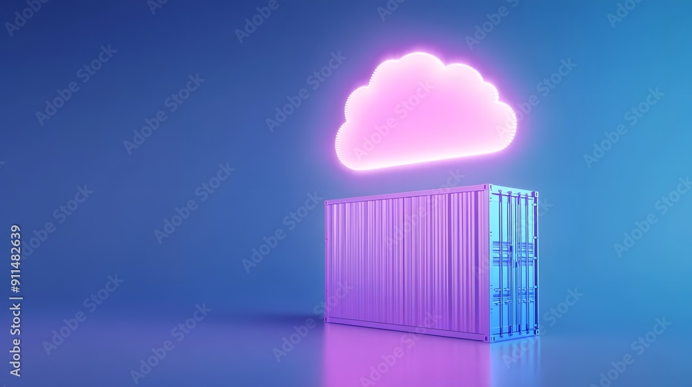 Poster colorful cloud computing concept with a neon cloud icon hovering above a container on a blue backgro