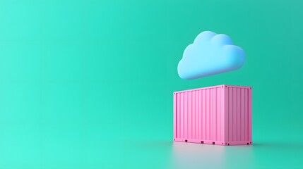 Colorful conceptual image of a pink shipping container and a blue cloud icon against a green background, symbolizing cloud computing or storage.