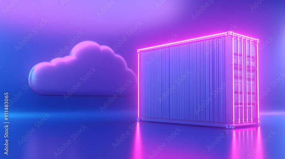 Poster colorful futuristic image of a glowing container next to a cloud in a reflective environment, repres